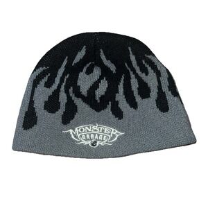 Monster Garage Vintage Gray Knit Beanie Grey Black Flames Y2K Grunge
